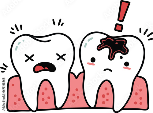 Two cartoon teeth showing dental problems with one having cavity and exclamation mark above vector illustration 