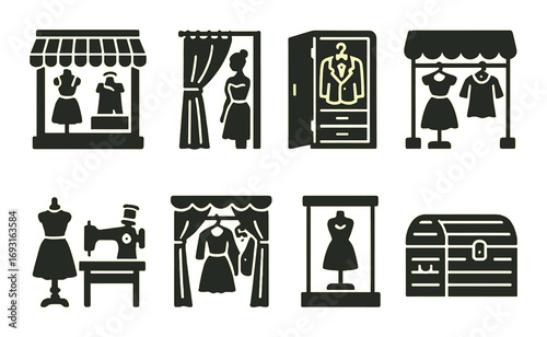 Fashion boutique silhouette icon set. featuring storefront, fitting room, wardrobe, mannequin, and sewing machine icons.