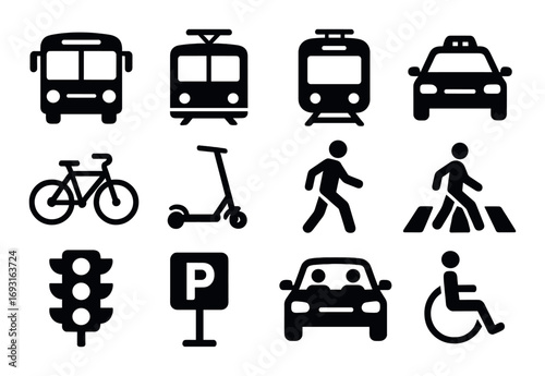 Transportation silhouette icon set. featuring bus, tram, taxi, bicycle, scooter, pedestrian, parking, and traffic light symbols.