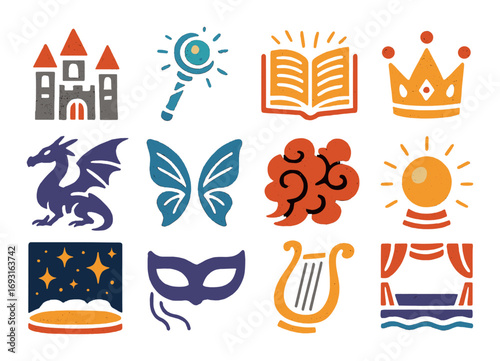 Fairy tale silhouette icon set. featuring castle, wand, book, crown, dragon, butterfly, cloud, crystal ball..