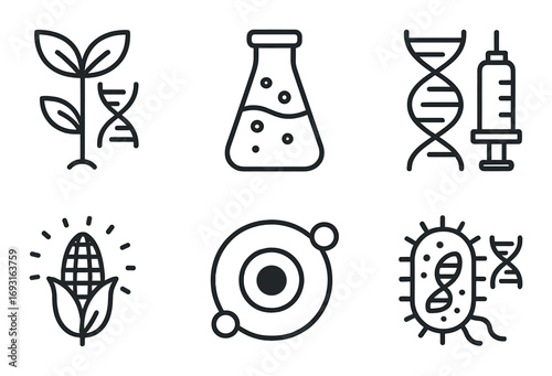 Biotechnology linear icon set. featuring plant, dna, flask, injection, corn, atom, bacteria symbols.