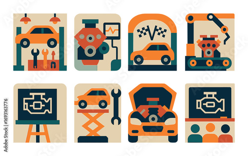 Automotive repair flat icon set. featuring engine, tools, car lift, workshop, gears, diagnostics, service, mechanic, garage, and tuning symbols.