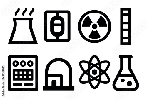 Nuclear technology silhouette icon set. featuring reactor, radiation, atom, control panel, and laboratory flask.