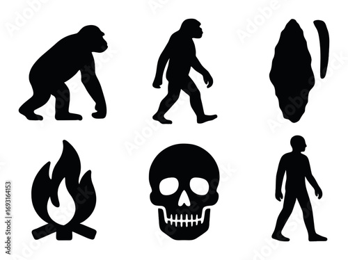 Evolutionary icons silhouette set. featuring ape, homo erectus, stone tool, campfire, skull, modern human.