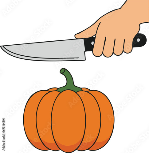 Hand Holding Knife Preparing to Cut Orange Pumpkin Illustration Vector Image 