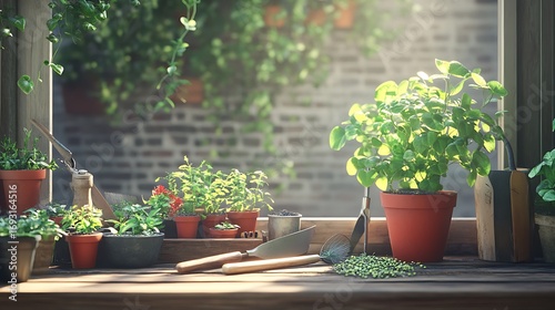 Eco friendly gardening setup with pots herbs and tools picture