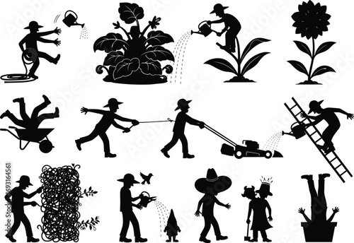Silhouettes of people gardening, watering plants, mowing lawns, climbing ladders, tangled in garden hoses, and working outdoors in yard care.