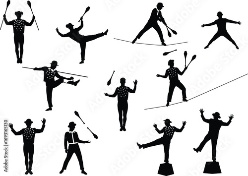 Silhouettes of people juggling, tightrope walking, balancing, and performing circus acts in various poses, fun and dynamic vector illustration.