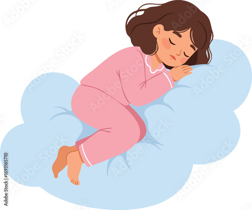 Child peacefully sleeping on fluffy cloud in pink pajamas dreamy bedtime scene vector illustration 