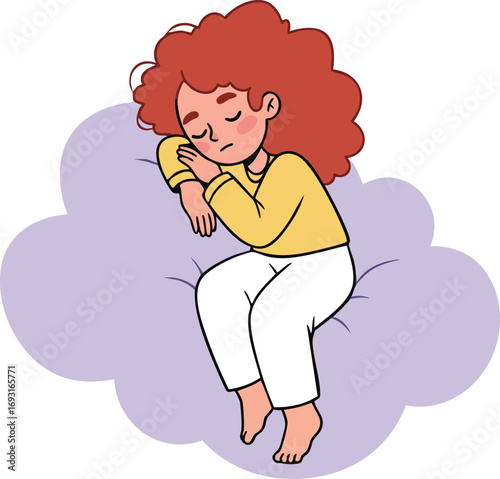 Sleeping girl with curly hair resting on purple cloud illustration in relaxed pose vector art 