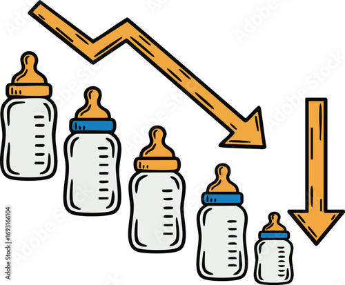 Baby bottles with decreasing sizes and downward arrow showing decline in infant feeding or growth trend illustration vector