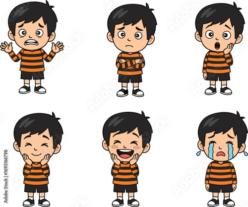 Cartoon boy emotions, facial expressions, scared, sad, surprised, shy, laughing, crying, child character, emotional icons, kids illustration, vector art