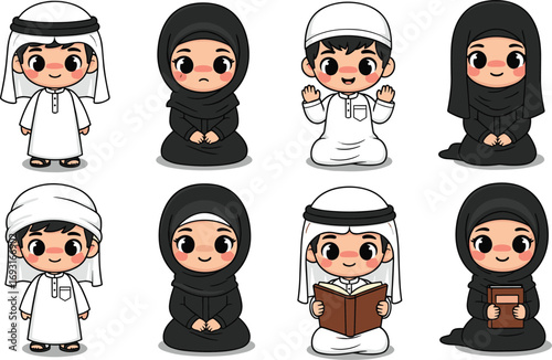 Cartoon Middle Eastern children, traditional clothing, thobe, abaya, hijab, sitting, standing, reading, smiling, cultural icons, vector character, education theme