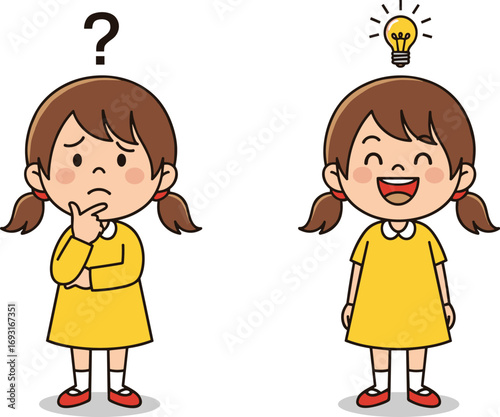 Cartoon, girl, thinking, idea, question, light bulb, confused, solution, character, emotion, pose, problem, expression, concept, animated, yellow dress, red shoes, creativity, realization, decision