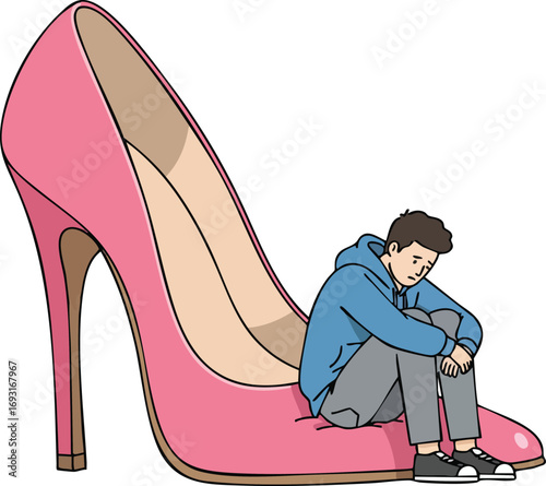 Man sitting down next to large pink high heel shoe in thoughtful pose vector illustration