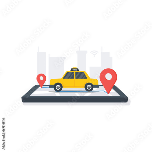 Taxi Car on Navigation Map with Location Pins Vector Illustration. Ride-Sharing Service Concept Design