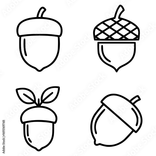 Four acorn icons in black outline style. Each icon has a distinct design variation: one with a plain cap