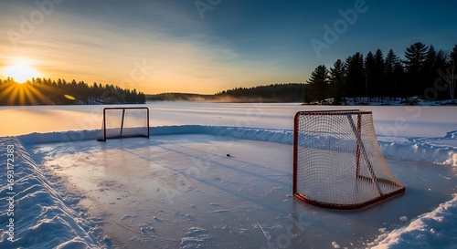 Outdoor Hockey Rink on a Frozen Lake at Sunset.