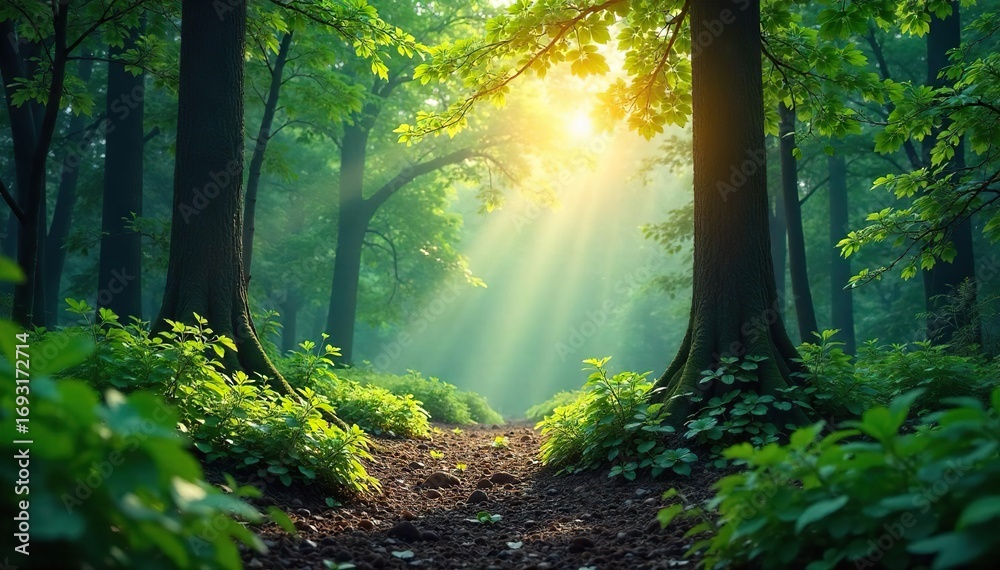 Obraz premium Serene nature soundscape, calming visuals of a tranquil forest scene perfect for meditation and stress relief Ideal for relaxation apps, websites, or wellness content , trees, well-being