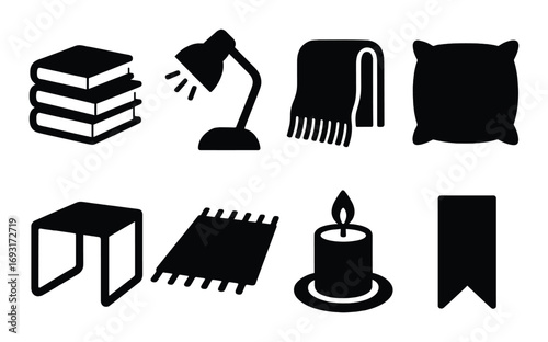 Home essentials silhouette icon set. featuring books, lamp, blanket, pillow, table, rug, candle, and bookmark.