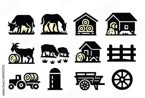 Farm life silhouette icon set. featuring cow, horse, barn, hay, goat, tractor, silo, cart, fence.