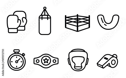 Boxing essentials linear icon set. featuring gloves, punching bag, ring, mouthguard, timer, belt, headgear, and whistle.