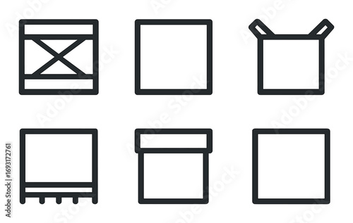 Shipping containers silhouette icon set. featuring crate, box, cardboard, packaging, and cargo symbols.