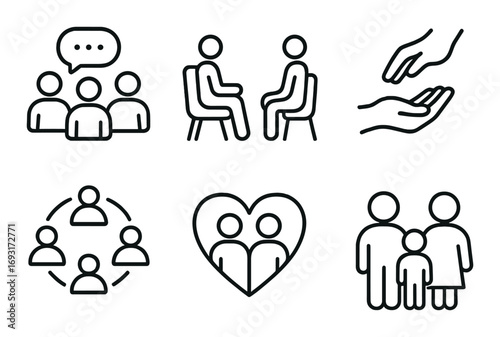 Community and relationships linear icon set. featuring group chat, meeting, support, teamwork, love, and family symbols.