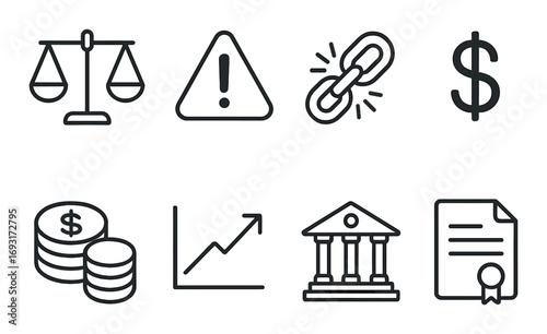 Business and finance linear icon set. featuring scales, warning, link, dollar, coins, chart, bank, certificate symbols.