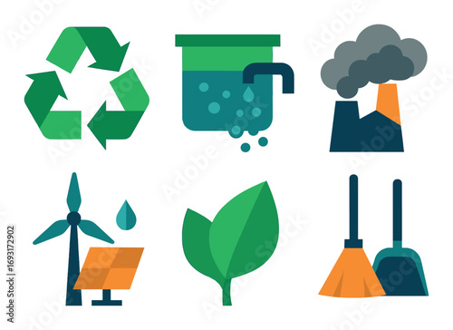 Environment protection flat icon set. featuring recycling, water, pollution, renewable energy, leaf, and cleaning symbols.