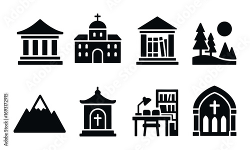 Religion and education silhouette icon set. featuring temple, church, library, forest, mountains, shrine, office, cathedral.