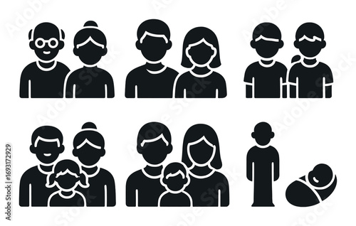 Family silhouette icon set. featuring grandparents, parents, children, siblings, and baby symbols.