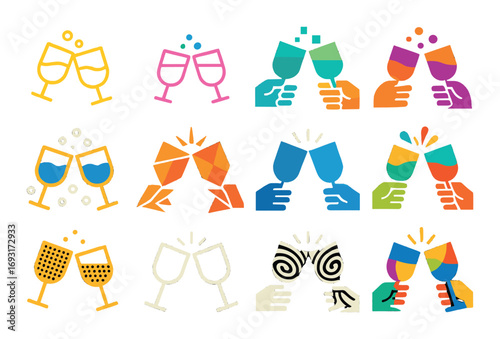 Celebration flat icon set. featuring champagne, cheers, glasses, clinking, party, drink, cocktail, toast symbols.