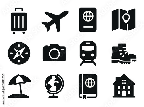 Travel and adventure silhouette icons set. featuring suitcase, airplane, map, compass, camera, and train symbols.