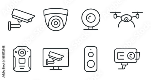 Security and surveillance linear icon set. featuring cctv, dome camera, spy camera, drone, and bodycam.