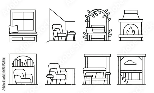 Cozy home spaces linear icons set. featuring window seat, corner nook, garden arch, fireplace, reading area, sunroom.