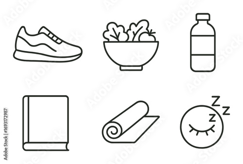 Fitness and wellness linear icon set. featuring shoe, salad, bottle, book, mat, sleep symbols.