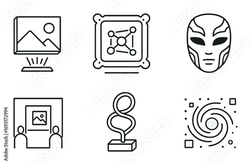 Art exhibition linear icon set. featuring gallery, canvas, mask, sculpture, painting, and abstract art symbols.