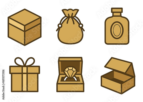 Gifts and packaging flat icons set. featuring gift box, bag, bottle, present, jewelry, open box.