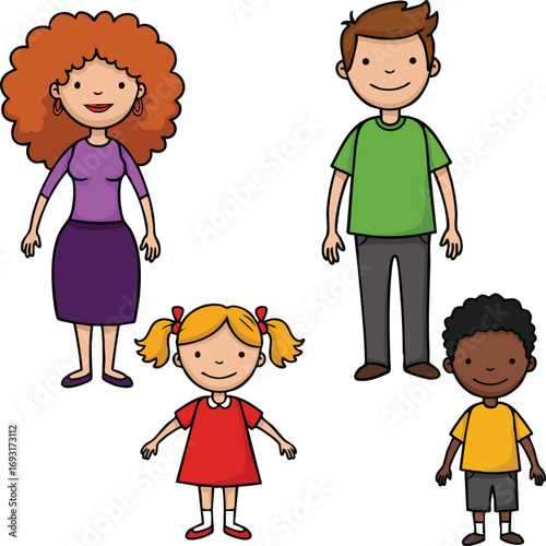 Diverse family with father mother daughter and son smiling together in colorful casual clothing vector illustration 