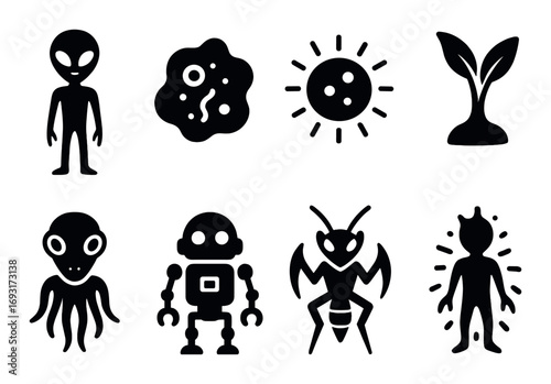 Alien and nature silhouette icon set. featuring alien, germ, sun, sprout, octopus, robot, insect, creature.