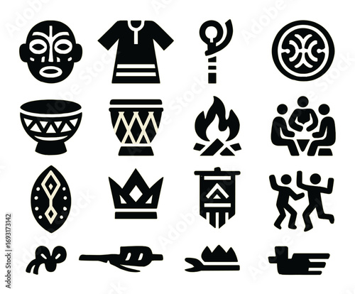 African culture silhouette icons set. featuring tribal mask, traditional clothing, drum, fire, and dance symbols.