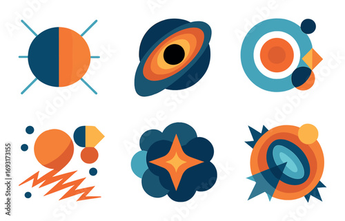 Space flat icons set. featuring sun, black hole, planets, galaxy, star, and comet symbols.