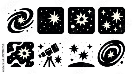 Space exploration silhouette icon set. featuring galaxy, star, telescope, universe, and outer space symbols.