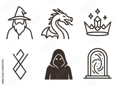 Fantasy adventure linear icon set. featuring wizard, dragon, crown, runes, hooded figure, portal.
