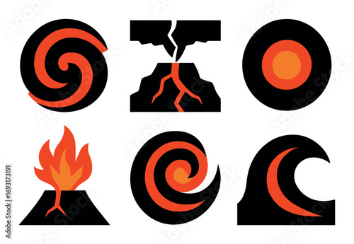 Natural disasters silhouette icons set. featuring cyclone, earthquake, tsunami, and volcanic eruption symbols.