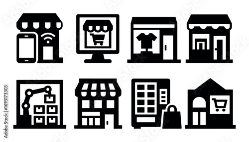 Shopping and commerce silhouette icon set. featuring store, shop, e-commerce, mall, cart, clothing..