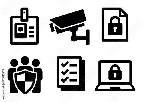 Security silhouette icon set. featuring id, cctv, document, team, checklist, and laptop symbols.