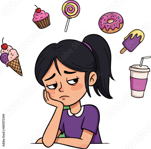 Girl feeling tempted by colorful sweets and desserts around her in a thoughtful mood vector illustration 