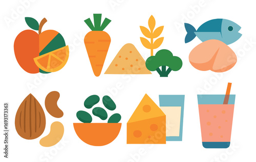 Healthy foods flat icon set. featuring fruit, carrot, wheat, fish, potato, almond, beans, and cheese symbols.